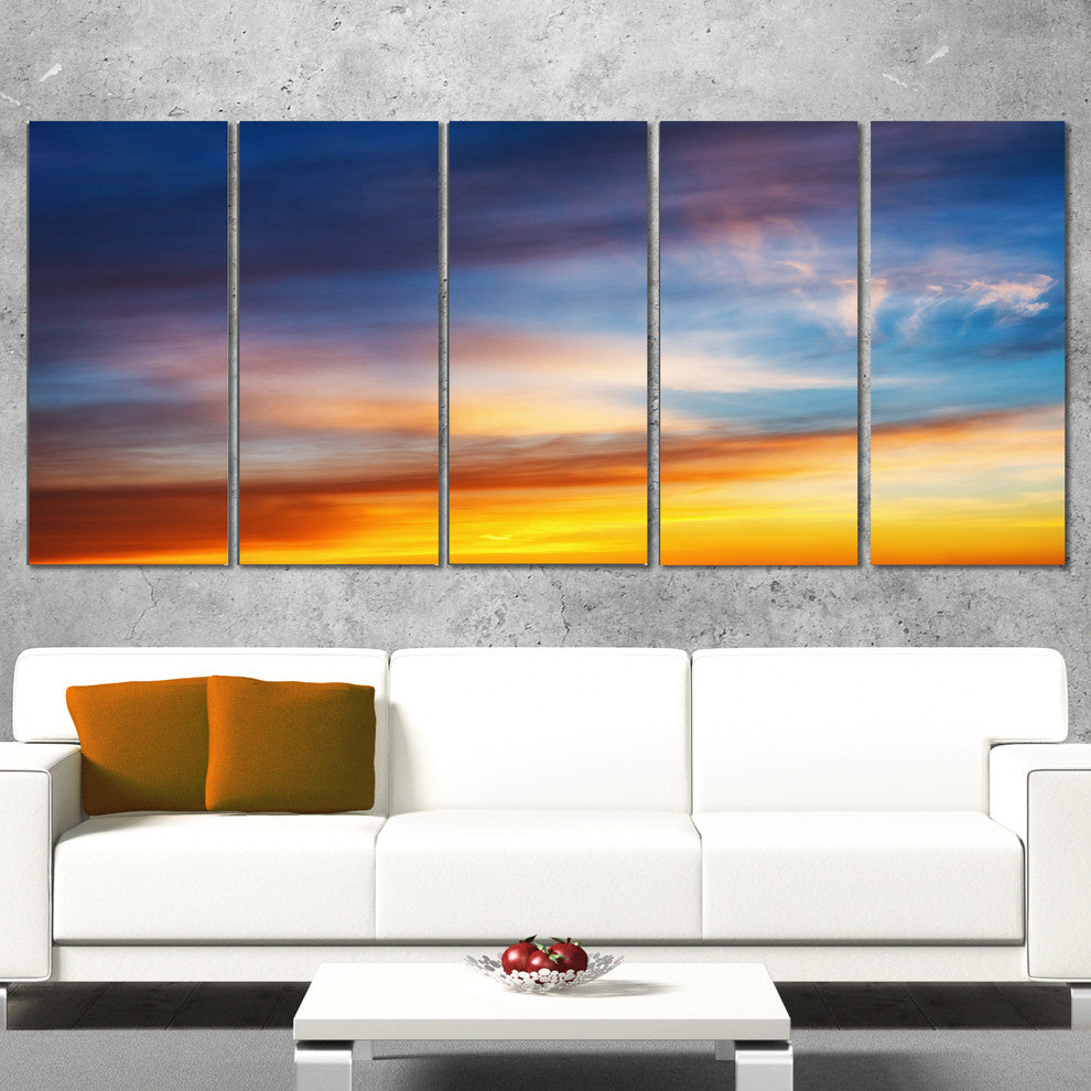 Sunset Dramatic Yellow Sky Clouds, Seashore Canvas Print, 60"x28", 5 Panels