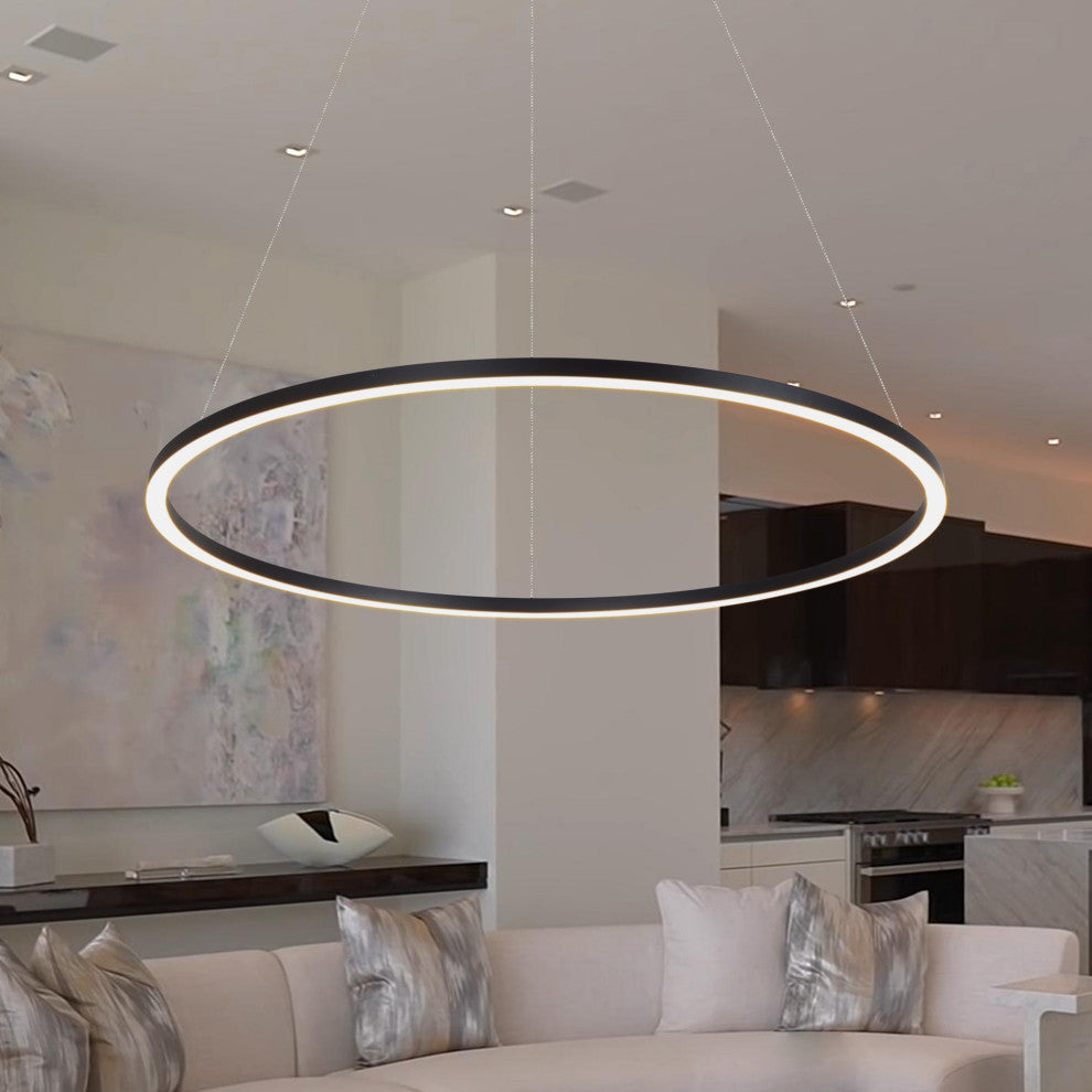 39" Tania LED Circular Chandelier, Adjustable Suspension Fixture, Black