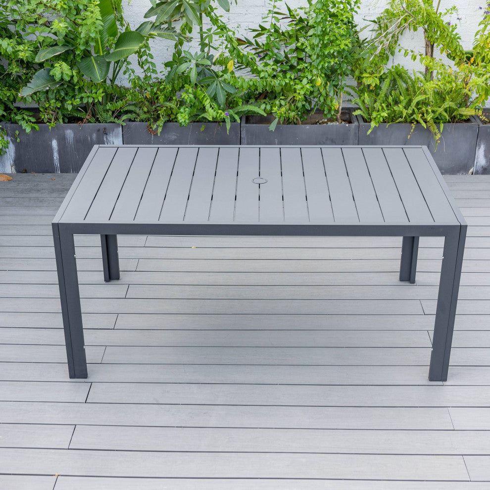 LeisureMod Chelsea Modern 7-Piece Outdoor Dining Set, Black Aluminum, Beige