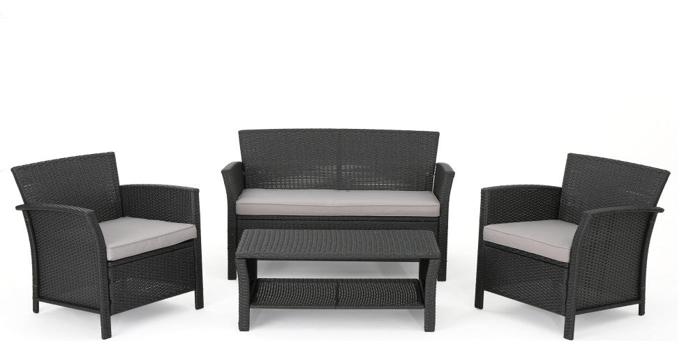 GDF Studio 4-Piece Lorien Outdoor Wicker Chat Set With Water Resistant Cushions
