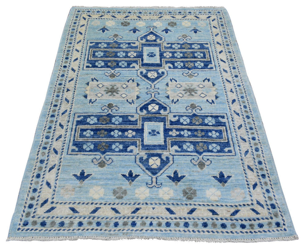 Colorful Hand Knotted Inspired Large Elements Soft Wool Oriental Rug, 4'0"x5'9"