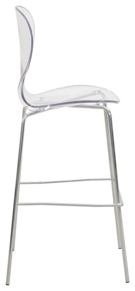 LeisureMod Oyster Acrylic Barstool With Steel Frame in Chrome Finish, Clear