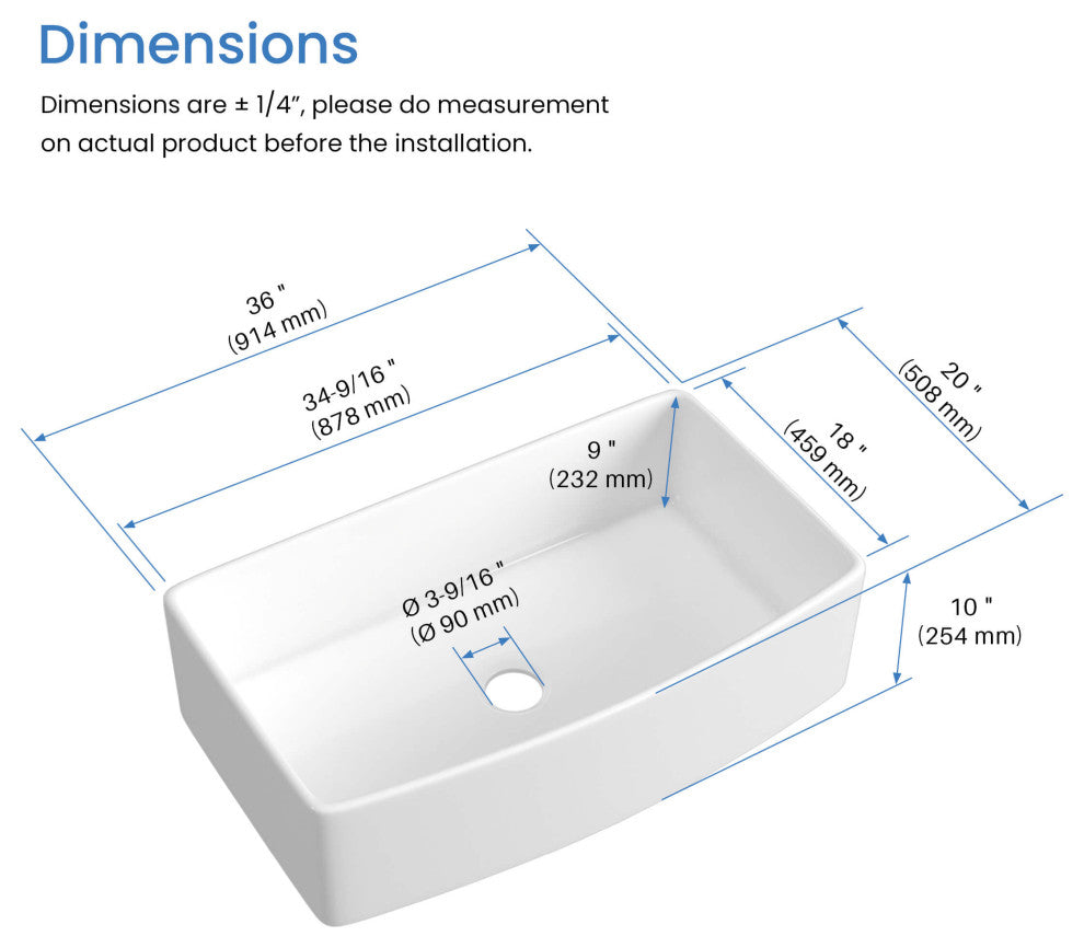 Pure 36" Curved Apron Front Farmhouse Kitchen Fireclay Sink