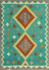Sangat Flatweave Bachir Turquoise/Red Rug, 4'3 x 5'10