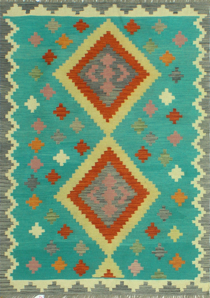 Sangat Flatweave Bachir Turquoise/Red Rug, 4'3 x 5'10