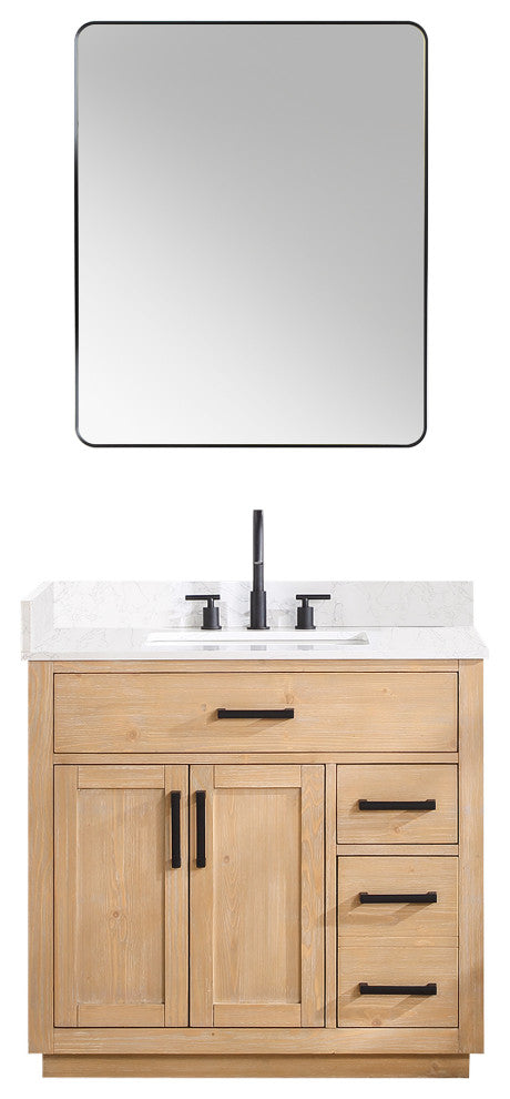 Gavino Vanity With Grain White Composite Stone Top, Light Brown/Matte Black, 36", With Mirror