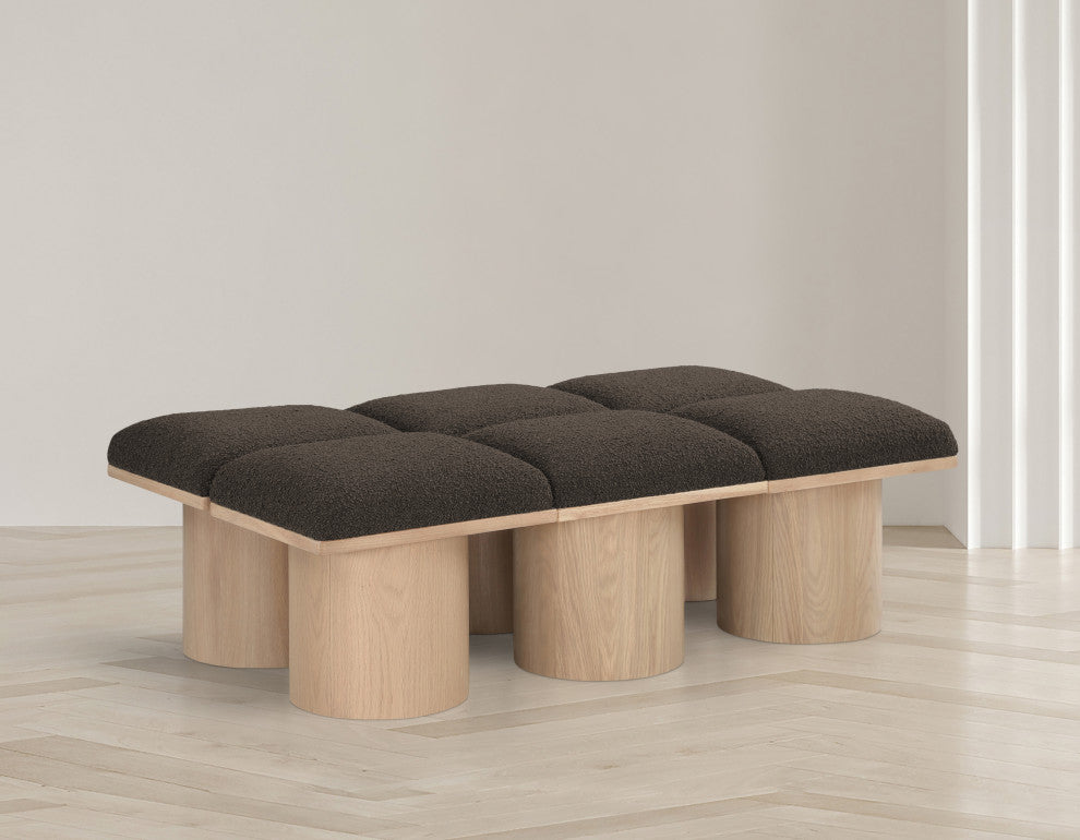 Pavilion Boucle Fabric Upholstered 6-Piece Bench, Brown, Natural Finish