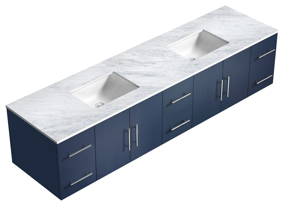 Geneva 84 Navy Blue DB Vanity, White Carrara Marble Top, Square Sinks, no Mirror