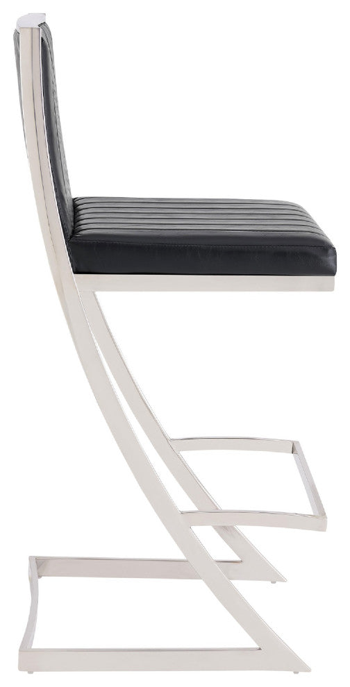 Benzara BM271183 Barstool, Channel Stitching/Cantilever Base, Black/Silver