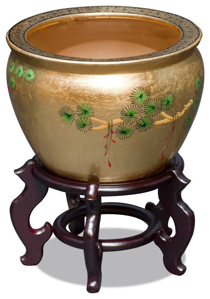 12 Inch Gold Leaf Longevity Cranes Fishbowl Planter, With Stand
