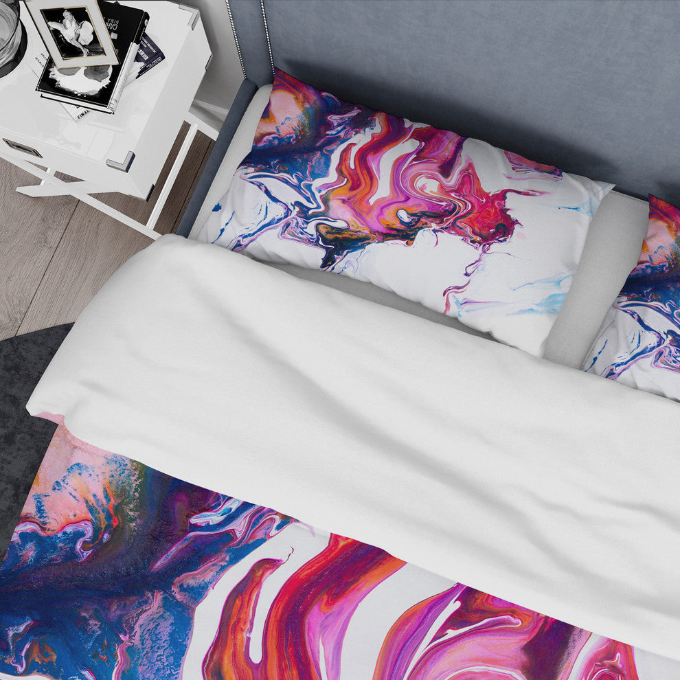 Purple Pink and Blue Marble Composition Mid-Century Bedding, Queen