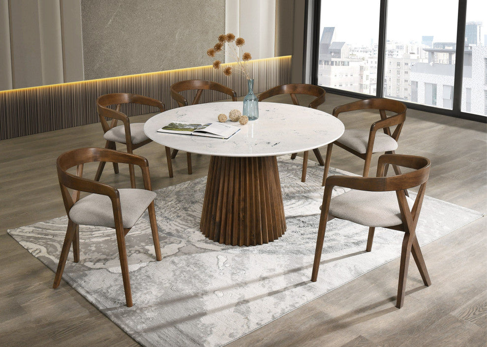 Modrest Nancy, Weiss Mid-Century Modern Marble, Walnut Dining Table Set