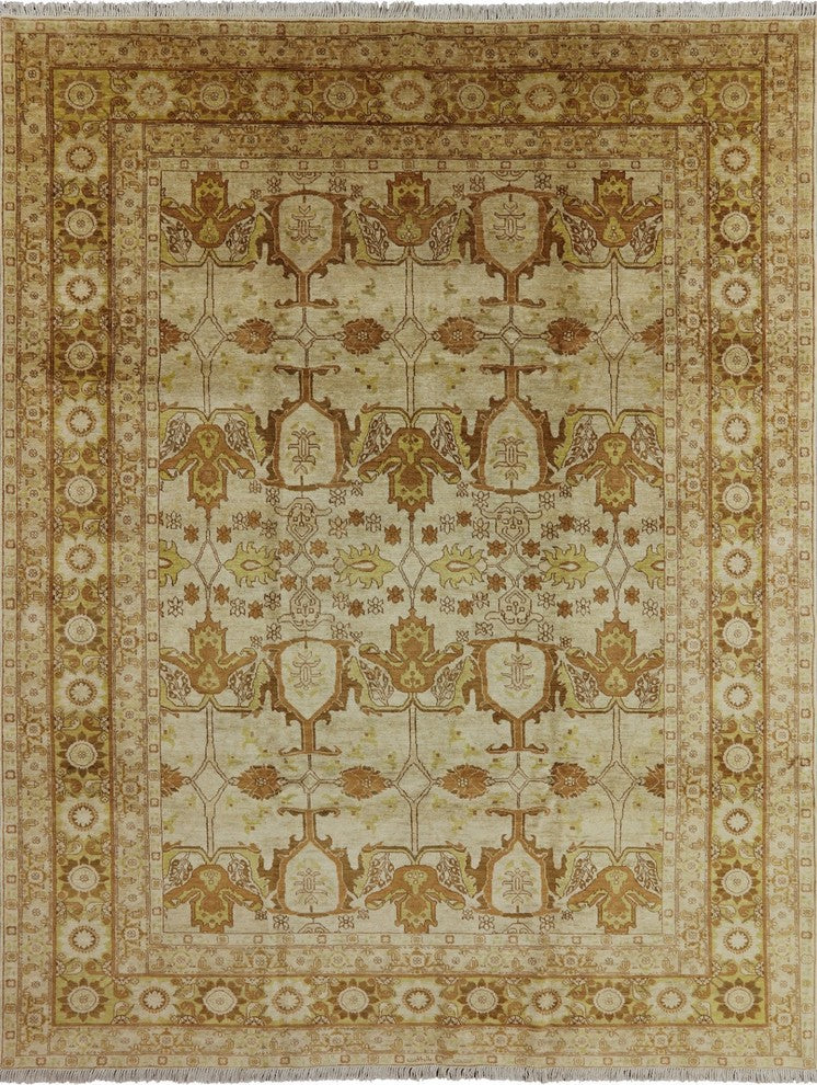 Ivory Chobi Oushak Style Peshawar Quality Hand-Knotted Wool Rug, 9'x12'