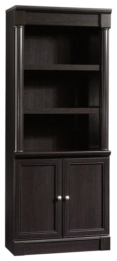 Tall Bookcase, Crown Molded Top With 3 Open Shelves & Lower Cabinet, Wind Oak