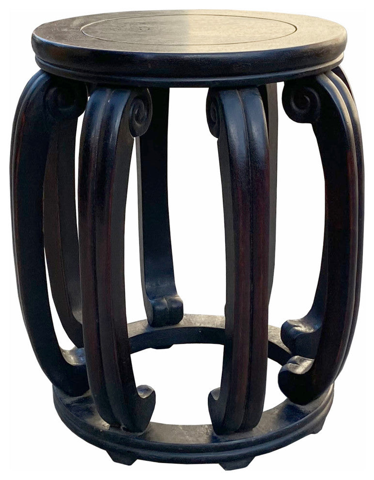Chinese Oriental Dark Brown Wood Craw Barrel Shape Stool Hcs7098