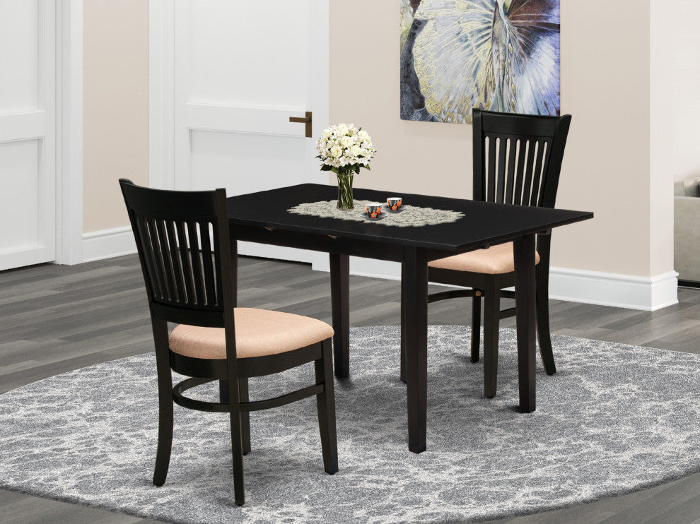 3-Pc Dining Table Set 2 Dining Chairs, Butterfly Leaf Dining Table, Black