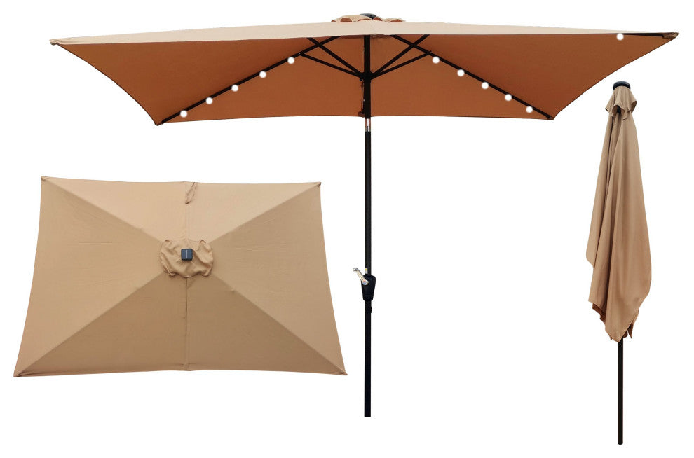 Rectangular 10' Patio Solar LED Lighted Outdoor Market Umbrella, Brown