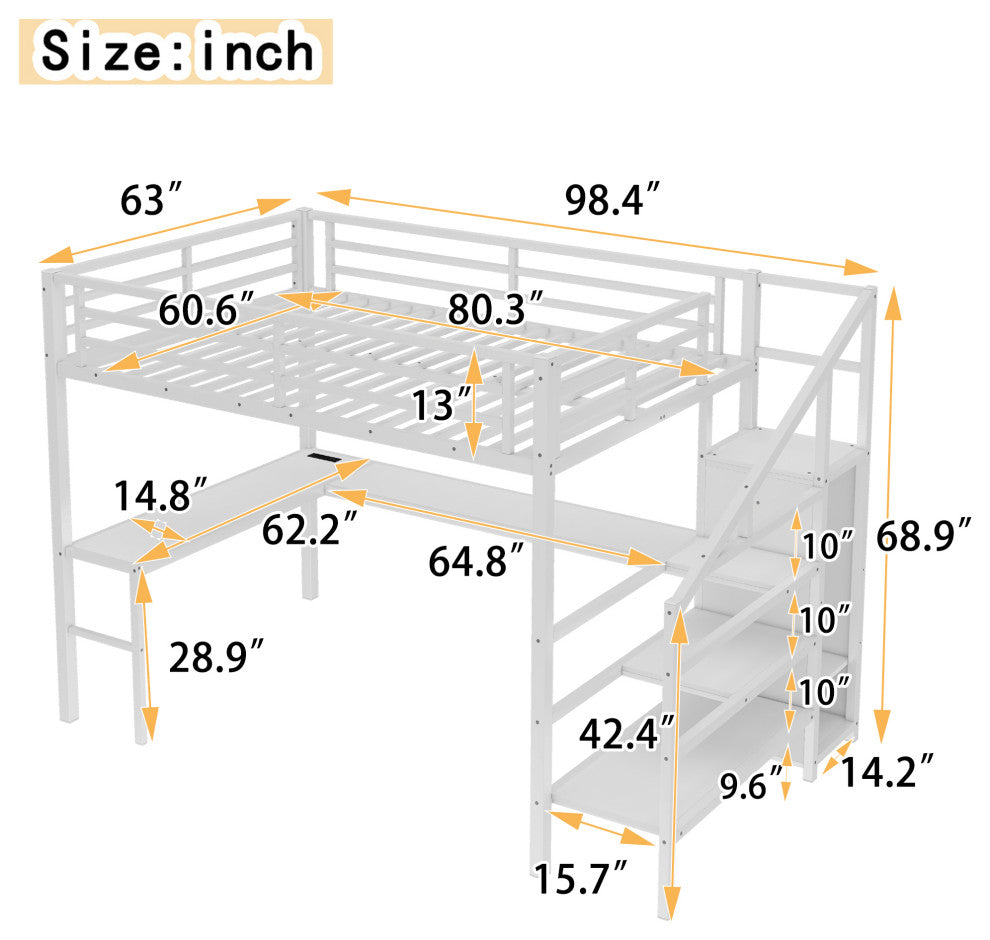 Gewnee Queen Size Loft Bed with L-shaped Desk and USB