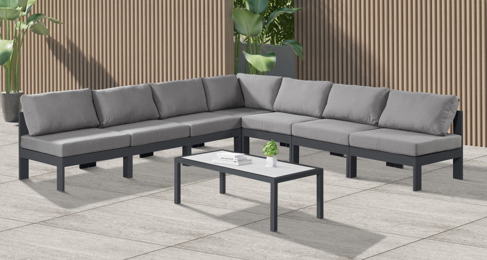 Nizuc Water Resistant Patio L-Shaped Modular Sectional, Gray, 7-Piece: 6 Armless Chair, 1 Corner Chair, Dark Gray Aluminum Frame