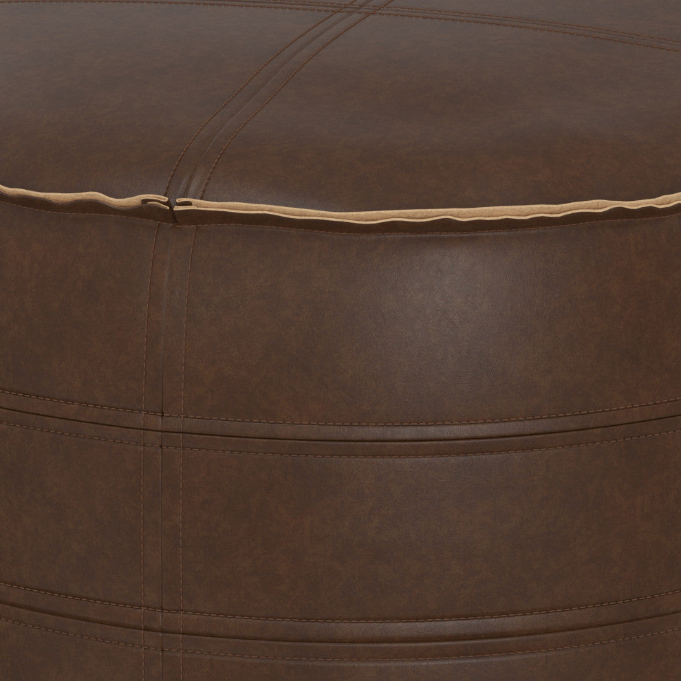 Brody 20" Round Pouf, Distressed Dark Brown Vegan Faux Leather