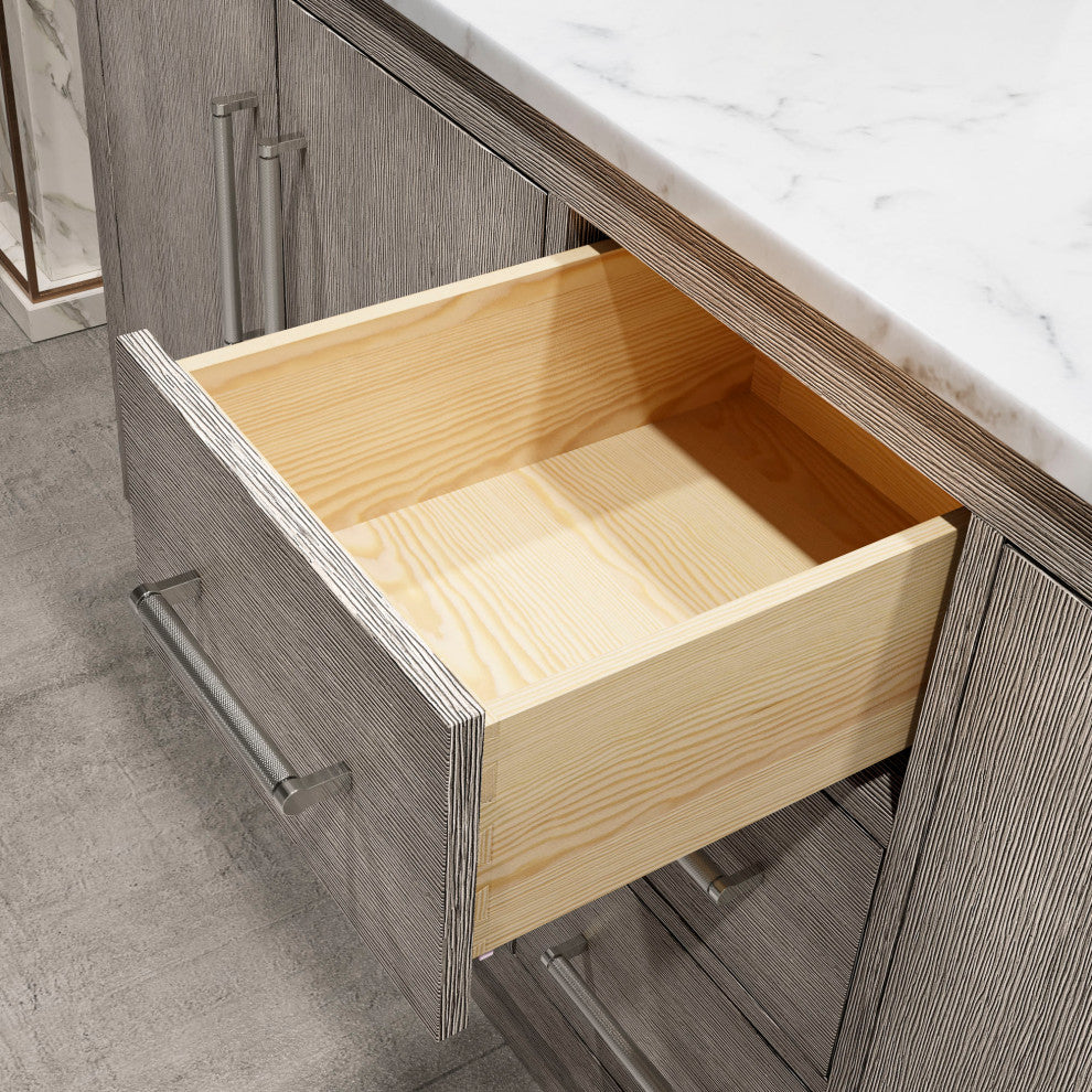 Hugo 72 Double Sink White Marble Vanity, Gray Oak With Hook Faucets and Mirrors