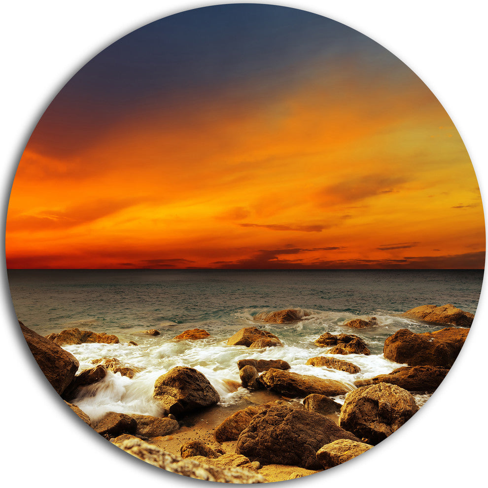 Red Sky Over Rocky Seashore, Beach Photography Disc Metal Wall Art, 38"