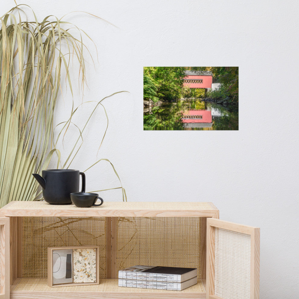 The Reflection of Wooddale Covered Bridge Unframed Wall Art Print, 12" X 18"