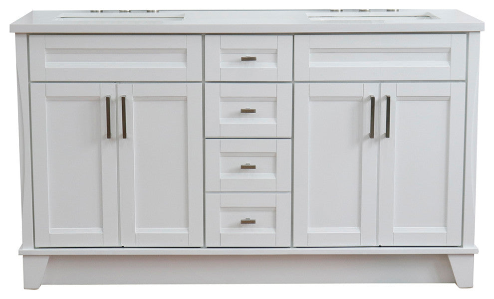 61" Double Sink Vanity, White Finish And Engineered Stone Top And Rectangle Sink