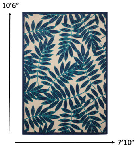 8 x 11 Navy and Beige Leaves Indoor Outdoor Area Rug
