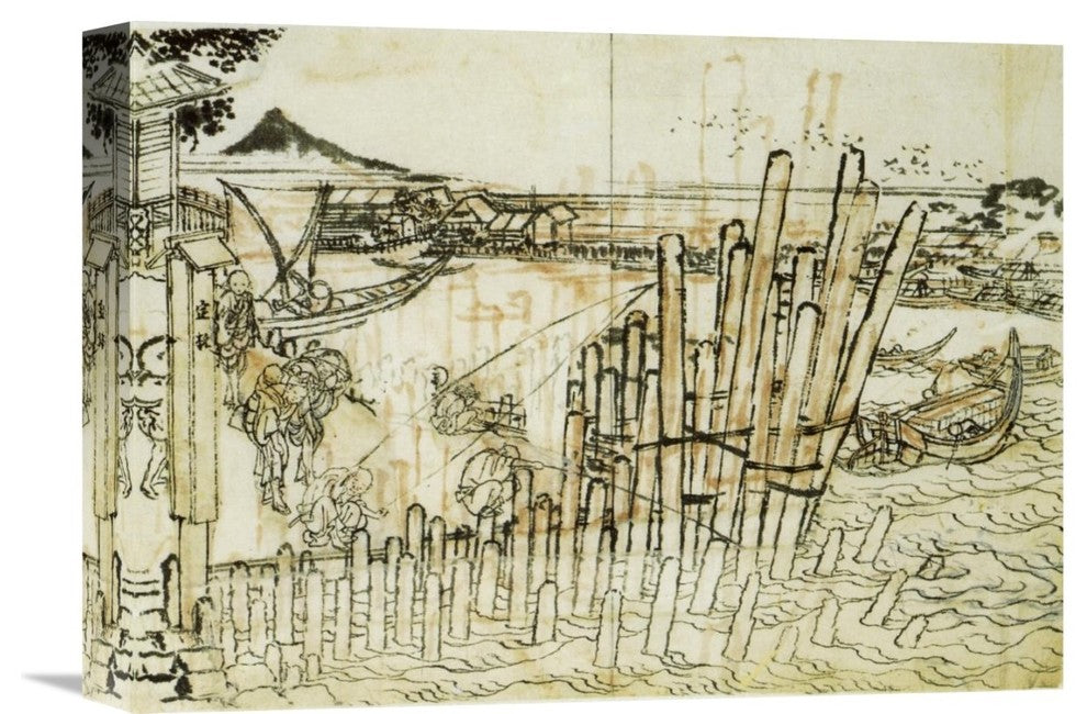 "Fishing At Shimadagahana 1833" Stretched Canvas Giclee by Hokusai, 16"x12"
