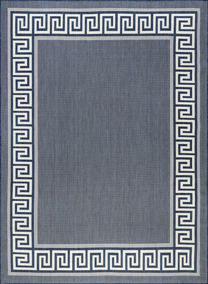 Giovanna Transitional Greek Key Navy/Cream Indoor/Outdoor Area Rug, 9'x12'