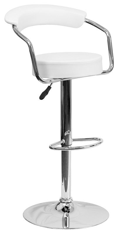 Contemporary White Vinyl Adjustable Barstool With Arms and Chrome Base