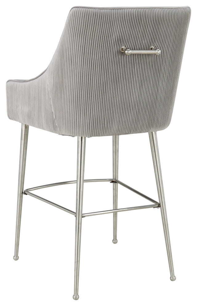 Beatrix Pleated Light Grey Velvet Bar Stool - Light Grey