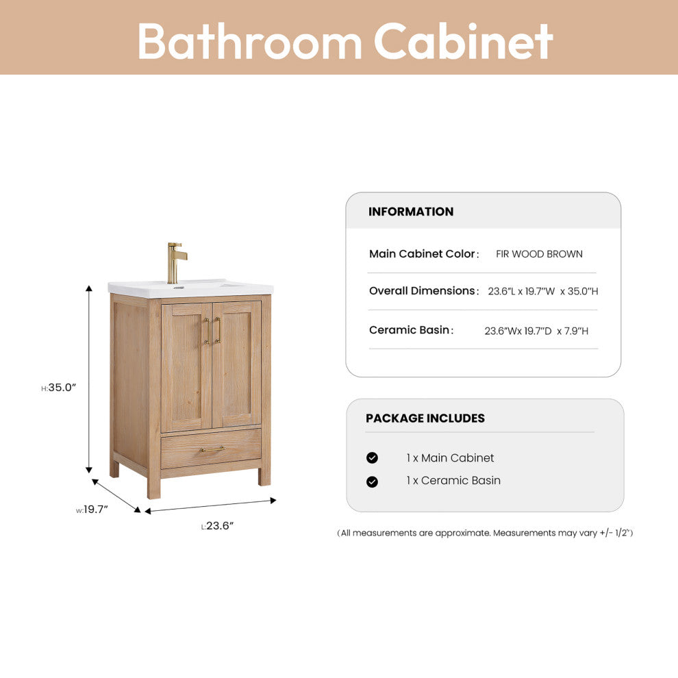 Gela Single Bath Vanity with Ceramic Basin Top, Fir Wood Brown, 24", No Mirror