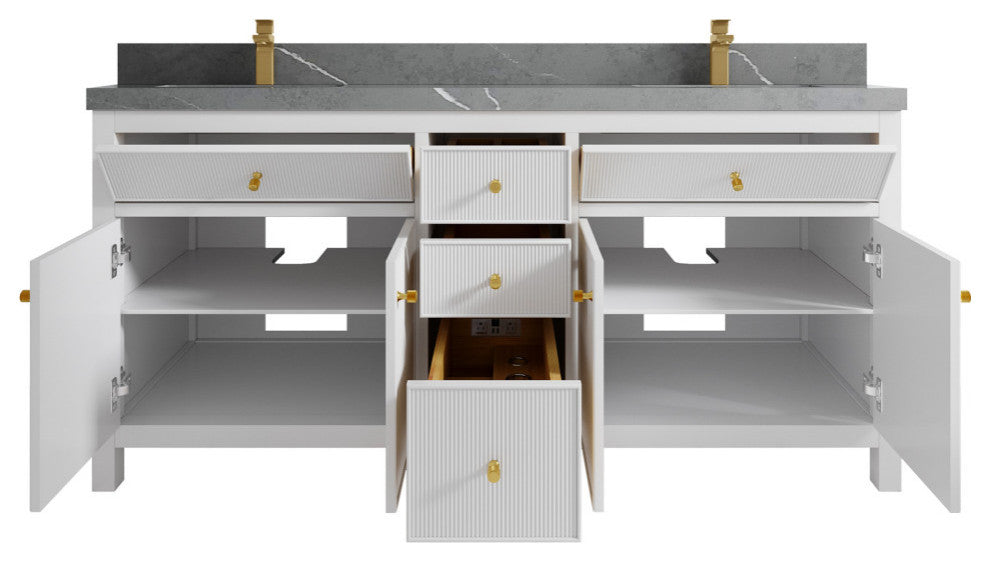 Sonoma 72 Double Sink Reeded Bath Vanity in White 2" Piatra Gray