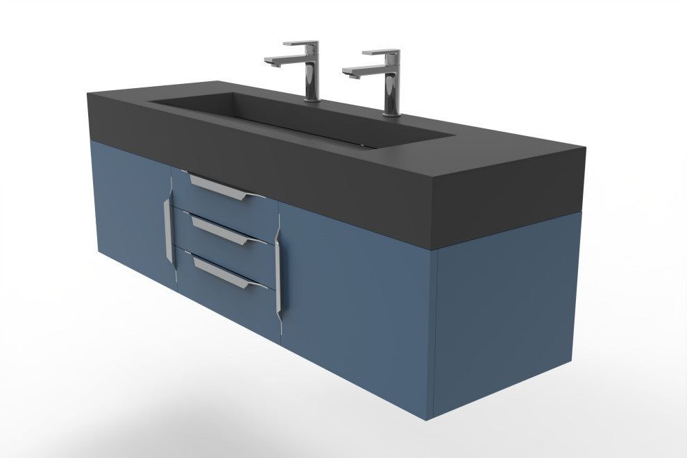 CastelloUSA Nile 60" Wall Mounted Vanity Set, Blue, Black Top, Chrome Handles