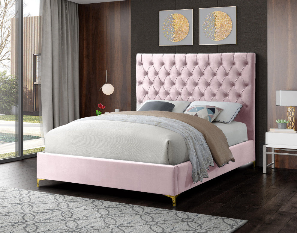 Cruz Velvet Upholstered Bed, Pink, Queen