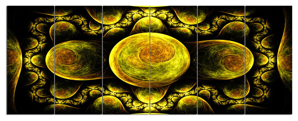 Yellow Exotic Fractal Pattern, Abstract Art on Canvas, 70"x28", 6 Panels