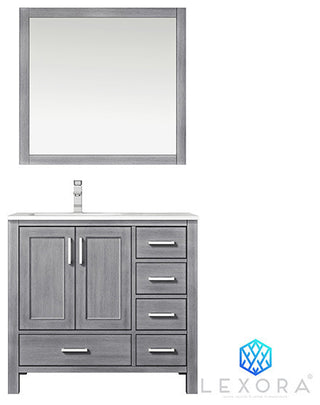 Jacques 36" Vanity, Wht Carrara Marble Top w/ 34" Mirror, Distressed Grey, Left