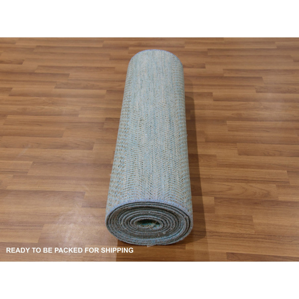 Blue Hand Knotted Dyed Wool and Silk Grass Design XL Runner Rug  2'6"x16'3"