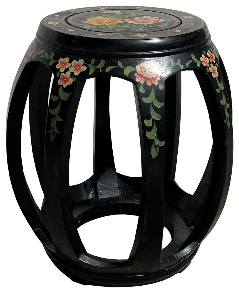 Chinese Black Color Flower Graphic Round Barrel Shape Wood Stool Hws3131