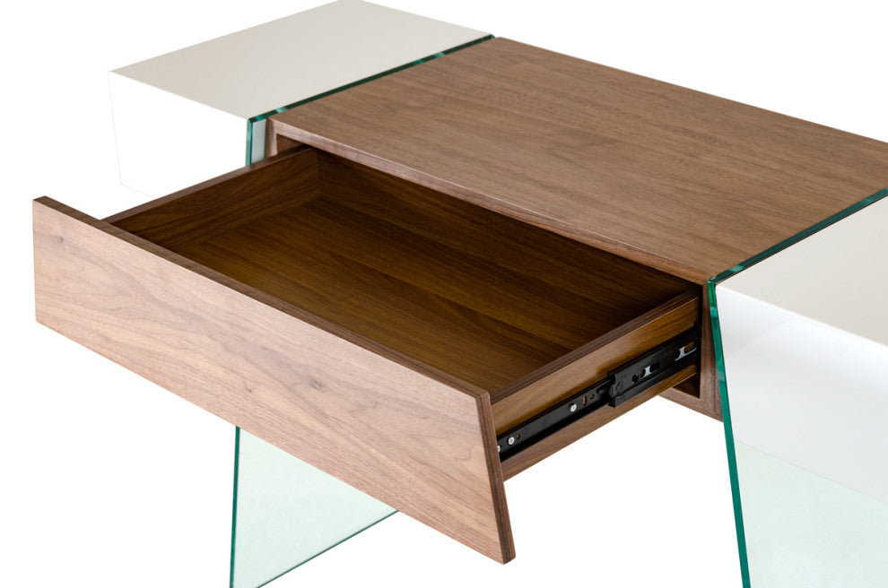 HomeRoots 29" White and Walnut Veneer MDF and Glass Floating Console Table
