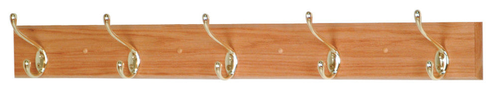 5 Hook Coat Rack, Light Oak, Light Oak/Bright Brass