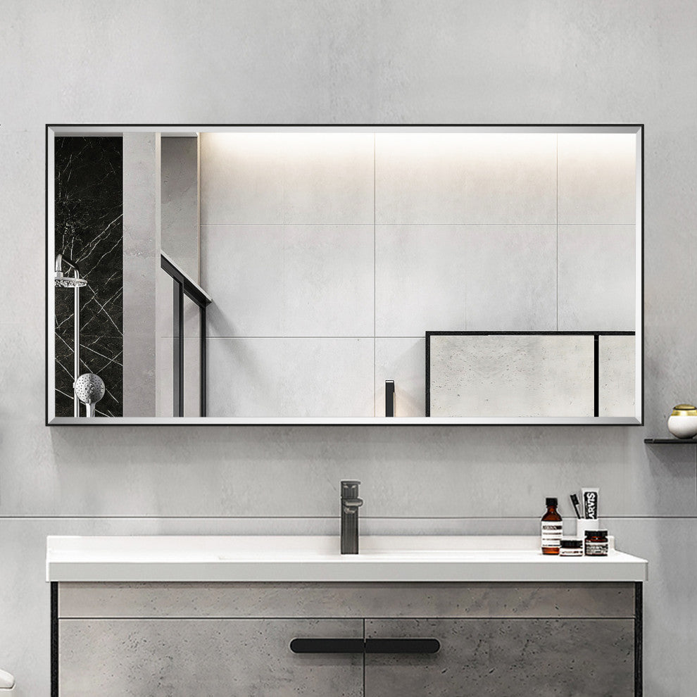 Metal Framed Rectangle Beveled Edge Wall Mirror Bathroom Vanity Mirror, Black, 20"x40"