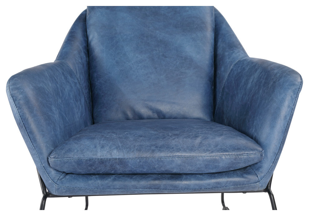 Modern Club Chair Blue Top Grain Leather Armchair for Living Room