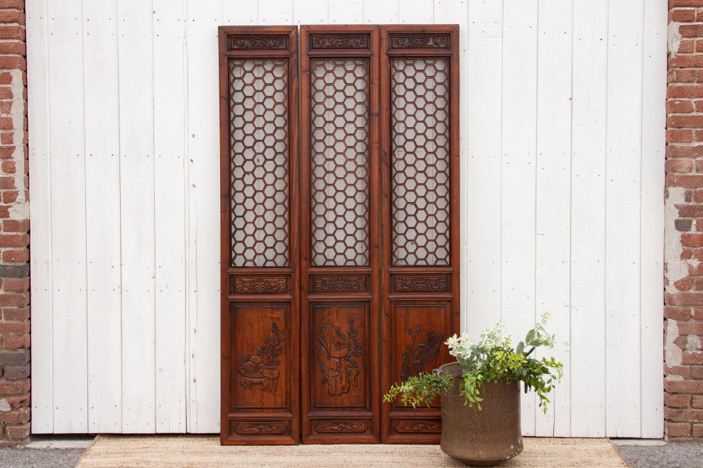 Set of 3 Mid-Century Honeycomb Chinese Panels