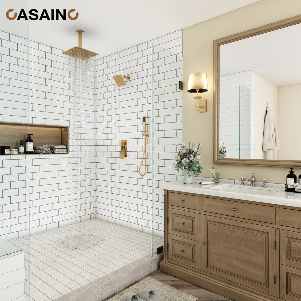 3 Function Wall Mounted Digital Display Shower System, Brushed Gold