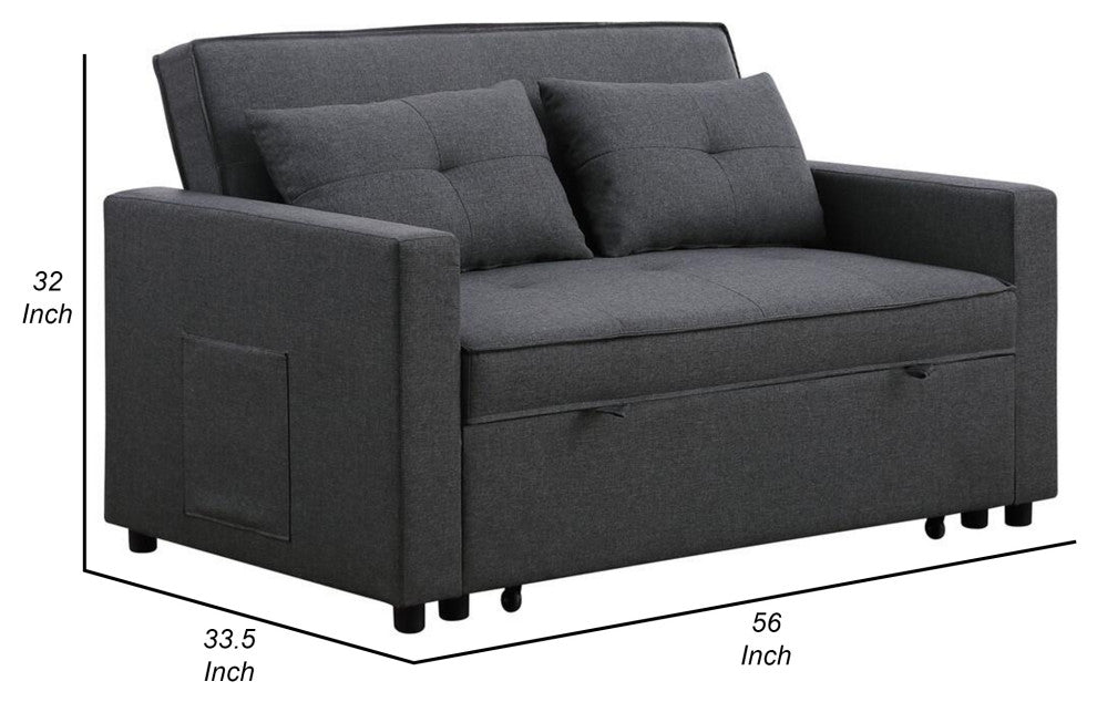 Benzara BM293178 Convertible Sleeper Loveseat With Side Pocket, Dark Gray Linen