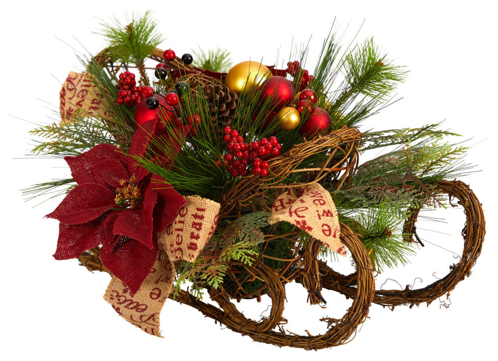18" Christmas Sleigh With Poinsettia, Berries, Pinecone Arrangement