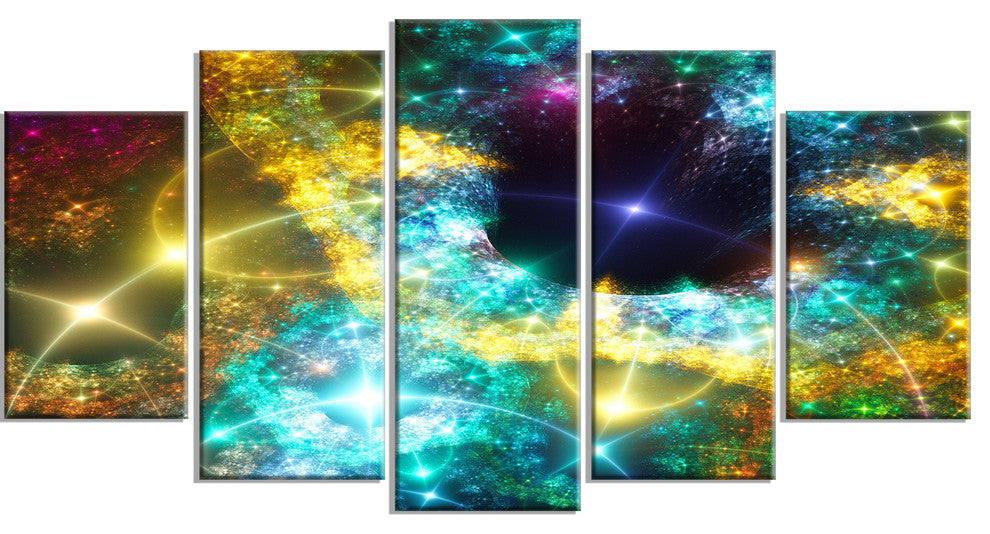 Golden Cosmic Black Hole, Contemporary Art on Canvas, 60"x32", 5 Panels